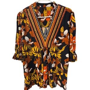 Blank London Floral Boho Tunic Top XL Orange Yellow V-Neck Embroidered Ruffle